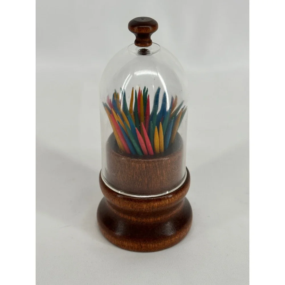 Unbranded Toothpick Holder Brown Vintage Wood Glass Dome Cloche Set